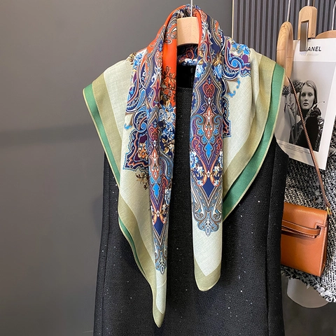 Elegant Square Scarf Double Sided Paisley Floral Print Faux Satin Polyester Shawl Women Vintage Style Travel Sunscreen