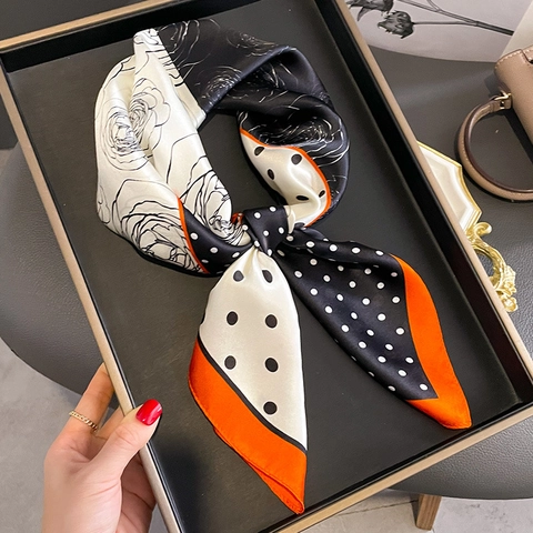 Pañuelo Cuadrado De Satén De Morera Con Estampado De Rosas Y Lunares Vintage Elegante Bufanda De Satén Con Borde Naranja Contrastado