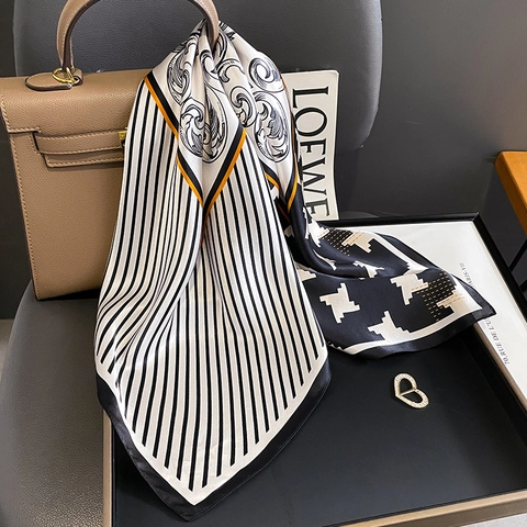Pure Mulberry Satin Square Scarf Houndstooth Baroque Print Neckerchief Women Elegant Fashion Office Professional Shawl