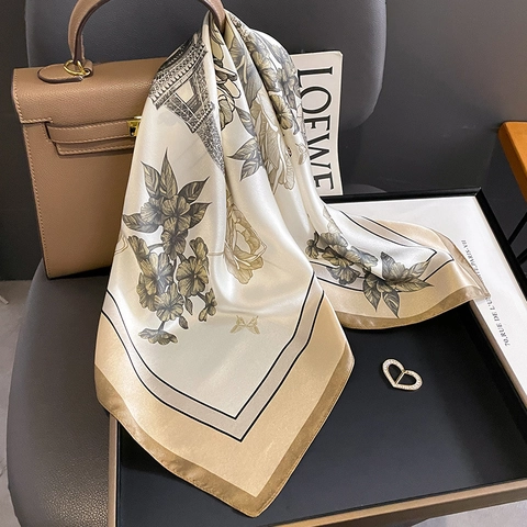 MoerbeiSatijn Vierkante Sjaal Retro Bloemen Eiffeltoren Print Elegante Lichtgewicht Halstreek Voor Dames Professionele Stijl