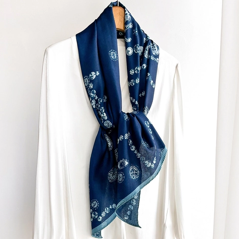 Écharpe Longue À Motif Yeux Géométriques Châle Respirant Fin Bandeau Chic Polyvalent Pour Femmes Toutes Saisons Bleu