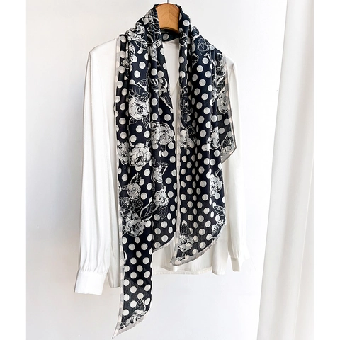 Polka Dot Floral Print Lange Schmale Schal Polyester Schwarz Und Weiß Eleganter Halstuch Für Damen Weich Leicht