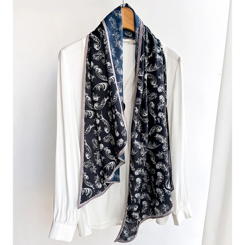 Elegant Feather Print Long Scarf For Women Lightweight Polyester Imitation Satin Shawl Retro Herringbone Neckerchief Accessory
