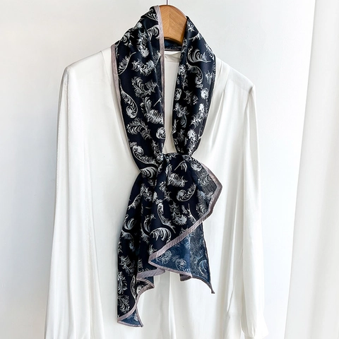 Elegant Feather Print Long Scarf For Women Lightweight Polyester Imitation Satin Shawl Retro Herringbone Neckerchief Accessory