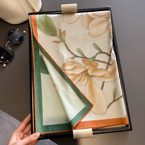 Retro Magnolia Floral Print Square Scarf Elegant Polyester Satin Neck Wrap For Women Lightweight Sunscreen Shawl
