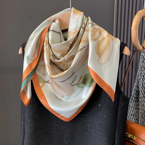 Retro Magnolia Floral Print Square Scarf Elegant Polyester Satin Neck Wrap For Women Lightweight Sunscreen Shawl
