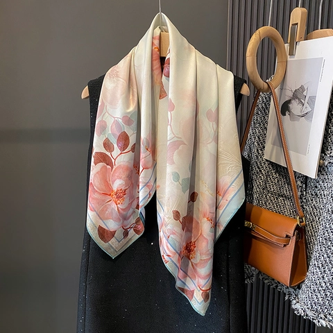 Floral Print Square Scarf Satin-Like Polyester Satin Elegant Head Neck Hair Scarf For Women Soft Lightweight Wrap