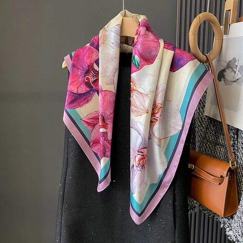 Vintage Orchid Floral Print Satin Square Scarf Satin-Feel Elegant Fashion Head Scarf Neck Wrap For Women
