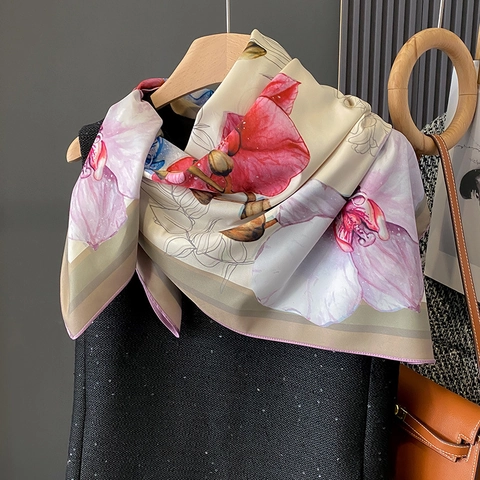 Vintage Orchid Floral Print Satin Square Scarf Satin-Feel Elegant Fashion Head Scarf Neck Wrap For Women