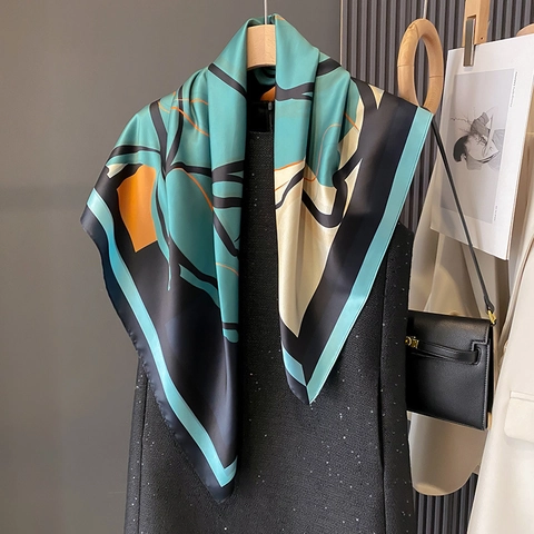 Pañuelo Cuadrado Grande Satén Estampado Geométrico Abstracto Bloque De Color Moda Elegante Para Mujer