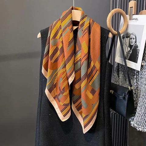 Sciarpa Quadrata Elegante Poliestere Satin Motivo Geometrico Stampa Lettere Foulard Ufficio Stile Retrò Lusso Scialle Per Donne