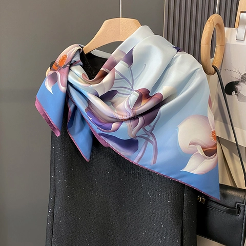 Women Elegant Floral Print Satin Square Scarf Magnolia Pattern Sun Protection Fashion Shawl Wrap For Summer Travel