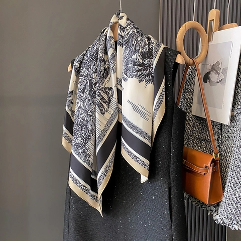 Palm Tree Print Square Scarf Retro Satin Polyester Botanical Pattern Double Sided Shawl For Women