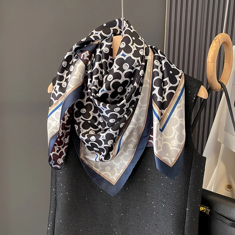 Vintage Floral Print Large Square Scarf Satin Polyester Simulated Satin Shawl For Women Elegant Versatile Color Block