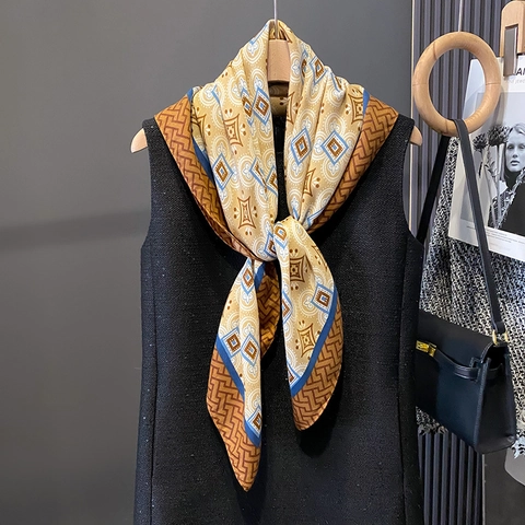 Retro Geometric Print Square Scarf Satiny Polyester Multipurpose Fashion Shawl Sun Protection Women Elegant Accessory