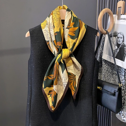 Floral Print Square Scarf Satiny Polyester Headscarf Retro Fashion Neck Kerchief For Women Elegant Wrap Accessory