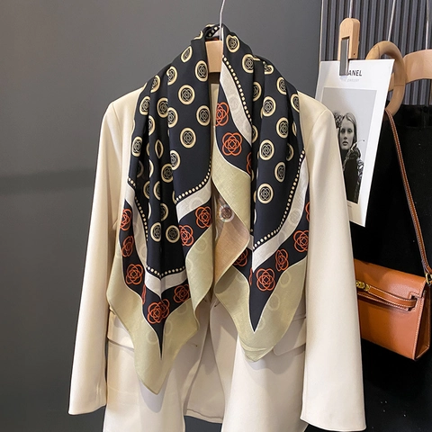 Sciarpa Quadrata Da Donna Effetto Raso Poliestere Satinato Elegante Stampa Floreale Camelia Motivo Geometrico Vintage Scialle