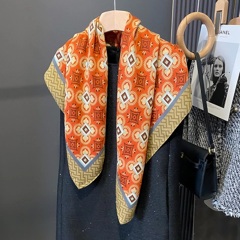 Retro Geometric Print Square Scarf Satiny Polyester Multipurpose Fashion Shawl Sun Protection Women Elegant Accessory