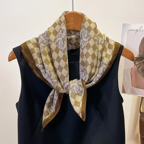 Eleganter Quadratischer Schal Polyester Satinngefühl Schachbrettmuster Blumenmuster Halstuch Damen Büro Pendler Vintage Stil