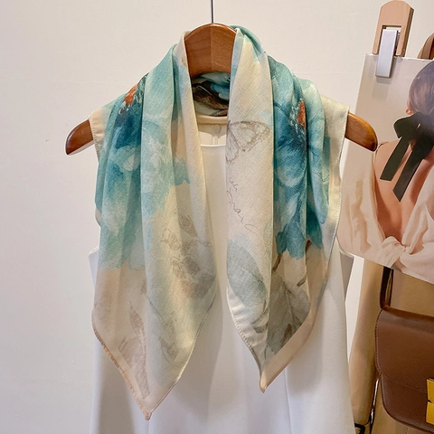 Elegant Floral Butterfly Print Square Scarf Cotton Linen Feel Polyester Lightweight Neck Scarf Fashion Accessory Women