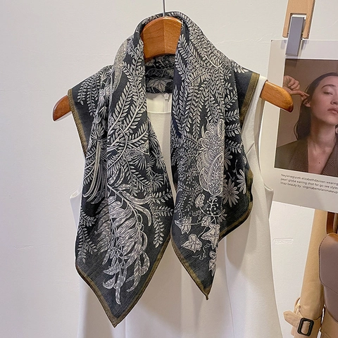 Vintage Plant Floral Print Square Scarf Satin Feeling Polyester Neckerchief Elegant Retro Shawl For Women