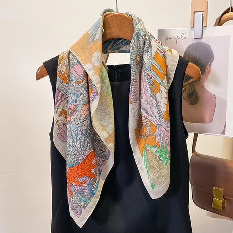 Elegant Square Scarf Satin Polyester Tropical Animal Print Floral Neck Scarf Shawl Headband Versatile Fashion Accessory For Women