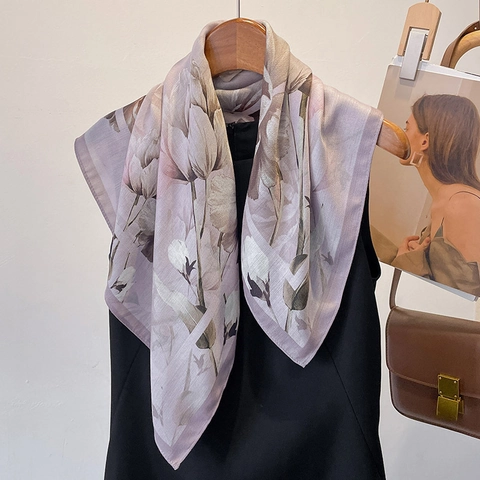 Floral Print Square Scarf Polyester Satin Feeling Neck Scarf Retro Vintage Neckerchief For Women Fashion Accessory