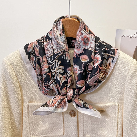 Vintage Floral Print Square Scarf Elegant Satin Feel Polyester Neck Scarf For Women Versatile Fashion Accessory