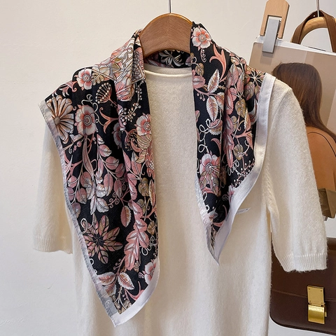 Vintage Floral Print Square Scarf Elegant Satin Feel Polyester Neck Scarf For Women Versatile Fashion Accessory