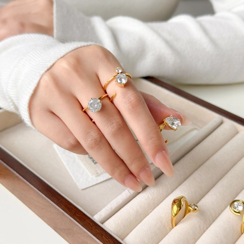Geometrische Open Ring Zirkoon Roestvrij Staal 18K Verguld Spiraal Minimalistisch Rond Waterdruppel Moderne Sieraden Vrouwen