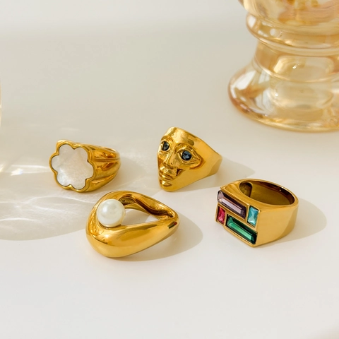 Vintage Gold Plated Stainless Steel Ring With Multi Color Zircon Shell Flower Abstract Face Mask And Artificial Pearl For Women