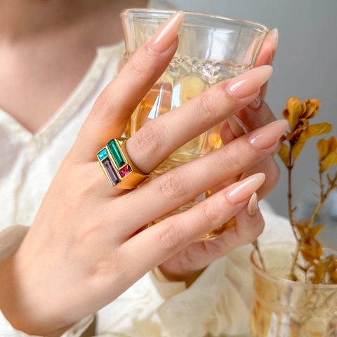 Vintage Gold Plated Stainless Steel Ring With Multi Color Zircon Shell Flower Abstract Face Mask And Artificial Pearl For Women