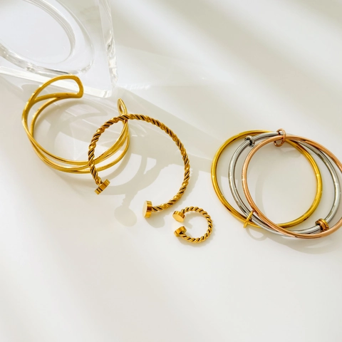Stainless Steel Twisted Cable Open Bangle And Interlocking Triple Rings Minimalist Jewelry For Women Commute Fashion