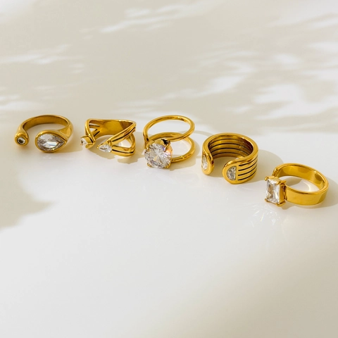 Zircon Geometric Open Rings 18K Gold Plated Stainless Steel Adjustable Minimalist Jewelry Accessory For Women
