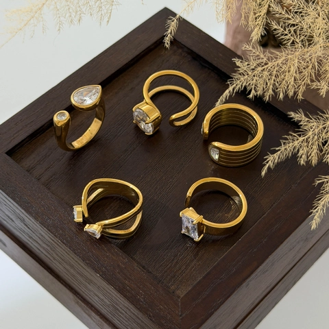 Zircon Geometric Open Rings 18K Gold Plated Stainless Steel Adjustable Minimalist Jewelry Accessory For Women