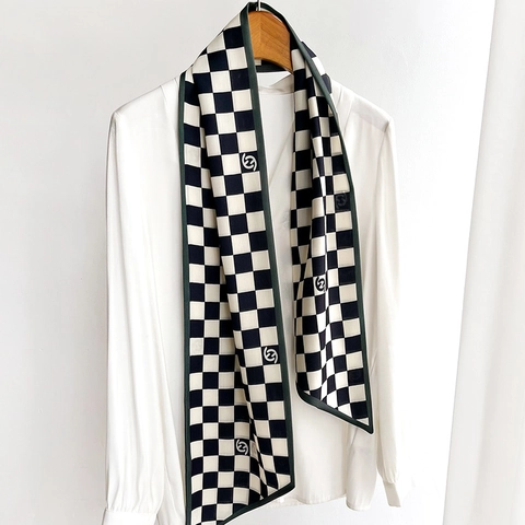 Schachbrettmuster Langer Schmaler Schal Damen Polyester Seidig Doppellagig Mode Halstuch Zubehör