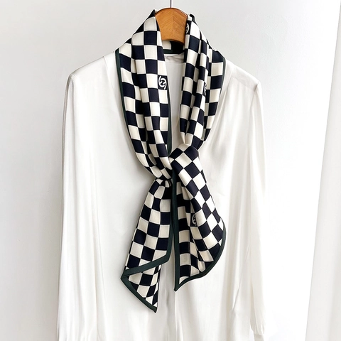 Schachbrettmuster Langer Schmaler Schal Damen Polyester Seidig Doppellagig Mode Halstuch Zubehör