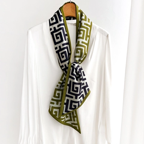 Dames Smalle Sjaal Geometrisch Patroon Satijn Halsdoek Professioneel Kantoor Haarband Riem Mode Accessoire