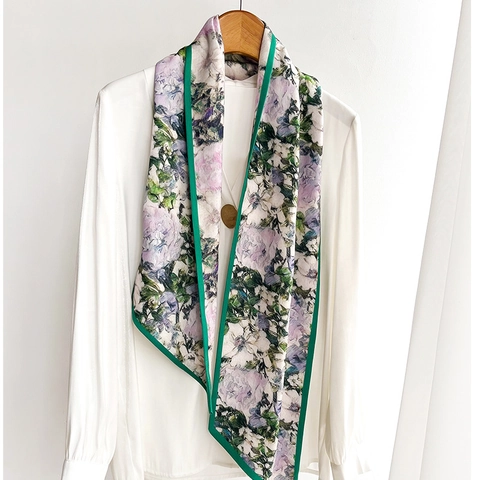 Elegante Foulard Da Collo Con Stampa Floreale Donna Piccolo Sciarpa Sottile Doppio Strato Poliestere Effetto Satinato Retro