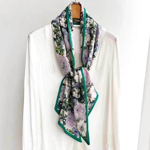 Elegante Foulard Da Collo Con Stampa Floreale Donna Piccolo Sciarpa Sottile Doppio Strato Poliestere Effetto Satinato Retro