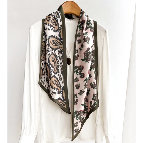 Écharpe Mince À Imprimé Léopard Et Fleurs Rétρο Foulard En Polyester Effet Satin Accessoire De Mode Élégant Pour Femmes