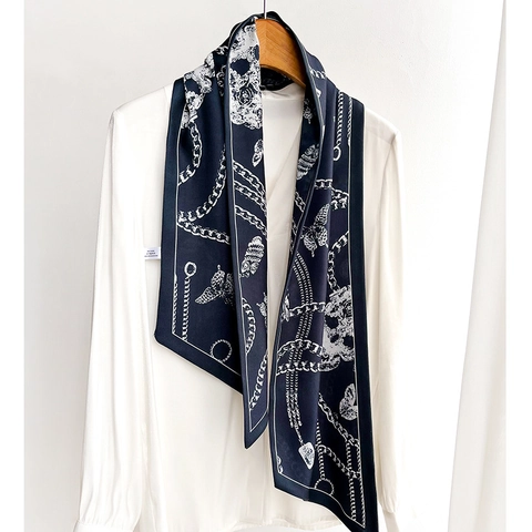 Fashion Narrow Scarf Satin Feeling Polyester Necktie Chain Geometric Print Retro Elegant Women Neck Scarf Accessory