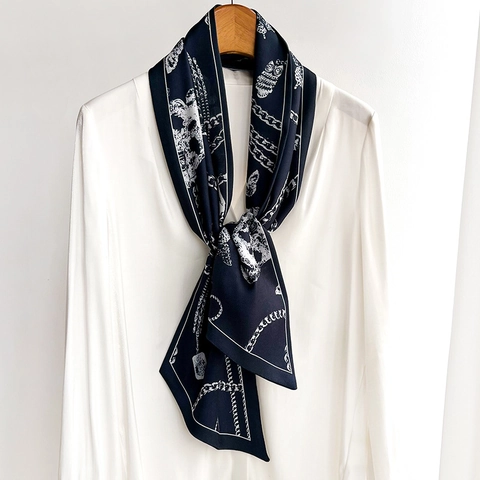 Fashion Narrow Scarf Satin Feeling Polyester Necktie Chain Geometric Print Retro Elegant Women Neck Scarf Accessory
