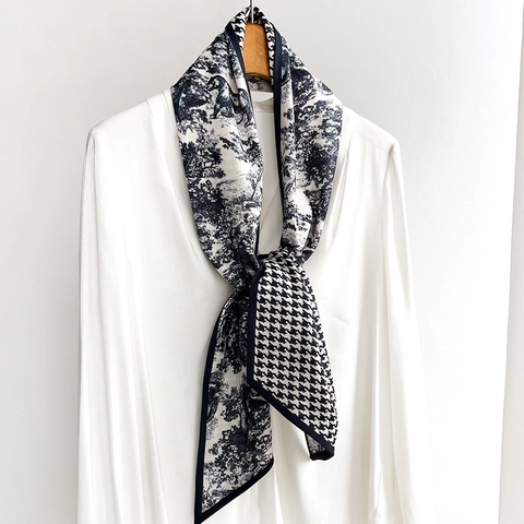Damen Doppelseitiges Halstuch Polyester Satin Schal Hahnentritt Toile De Jouy Print Eleganter Professioneller Schmaler Schal