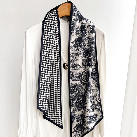 Damen Doppelseitiges Halstuch Polyester Satin Schal Hahnentritt Toile De Jouy Print Eleganter Professioneller Schmaler Schal