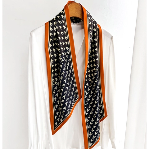 Houndstooth Geometric Print Narrow Ribbon Scarf Satin Feel Polyester Neck Hair Bag Tie Elegant Versatile Accessory For Women
