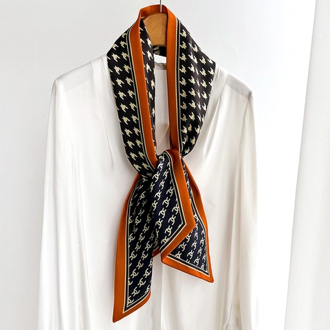 Houndstooth Geometric Print Narrow Ribbon Scarf Satin Feel Polyester Neck Hair Bag Tie Elegant Versatile Accessory For Women