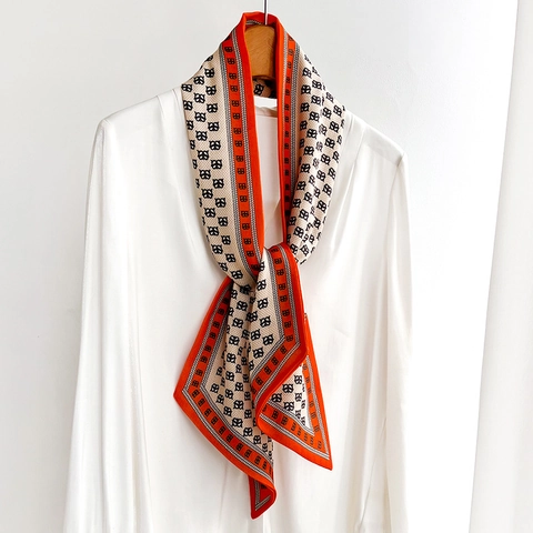 Sciarpa Stretta Donna Cravatta Lunga Sottile Poliestere Stampa Lettere Monogramma Colore Contrasto Accessori Moda