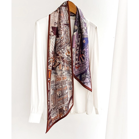 Vintage European Architecture Print Narrow Long Satin Like Scarf Polyester Neckerchief Ribbon For Office Shirt Women