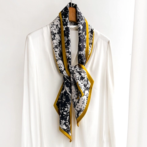 Retro Black White Floral Skinny Scarf Satin Like Polyester Long Narrow Neck Tie For Bag Handle Hair Band Women Accessory